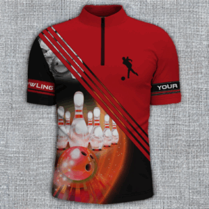 Bowling Quarter Zip shirts for men custom bowling ball and pins team shirt, bowling jerseys | Red NQS4452