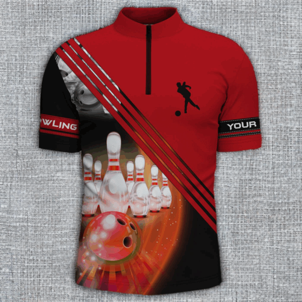 Bowling Quarter Zip shirts for men custom bowling ball and pins team shirt, bowling jerseys | Red NQS4452