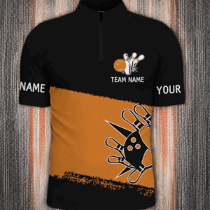 Black orange bowling balls and pins custom team bowling Quarter Zip for men, team bowling jerseys NQS4769