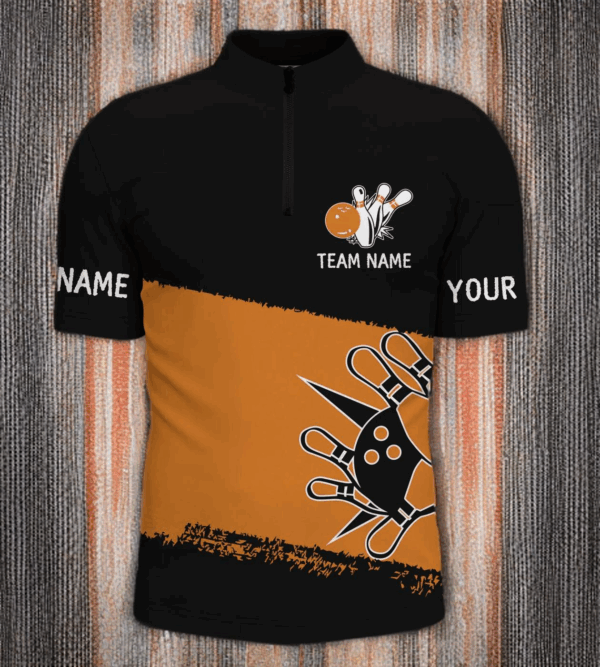 Black orange bowling balls and pins custom team bowling Quarter Zip for men, team bowling jerseys NQS4769
