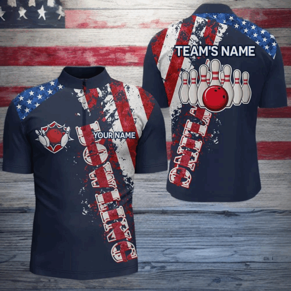 Patriotic Men's Bowling Shirt Quarter-Zip, Custom Name Men Bowlers Jersey American Flag NBZ95