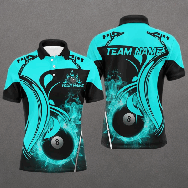 Personalized Turquoise 8 Ball Pool Fire Burned Billiard Shirts For Men Billiard League Team Jerseys TDM2826