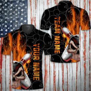 Skull Flame Men Polo Bowling Shirt, Personalized Cool Men Bowlers Jersey Short Sleeves NBP58