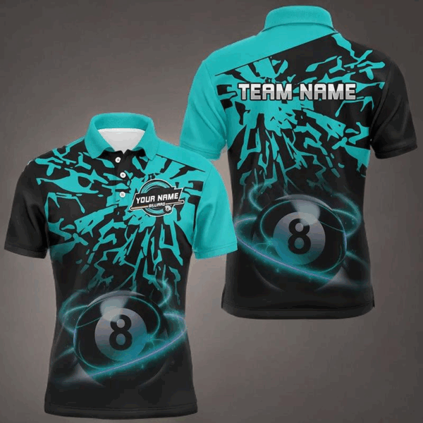 Personalized Cyan Billiard Ball 8 Thunder Pool Shirts For Men Custom Billiard Jersey Short Sleeve TDM2817