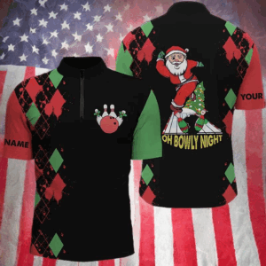 Men's bowling shirt Quarter Zip custom name funny Santa Christmas bowling shirts oh bowly night NQS4411