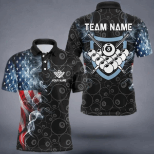 American Flag Smoke Custom Men Billiard Polo & 1/4 Zip Shirts, Patriotic Billiard Pool Team Jerseys TDM2815