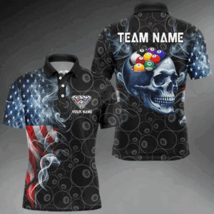 Skull Billiard Balls Custom American Flag Smoke Pool Shirts For Men, Patriotic Billiard Team Jersey TDM2814