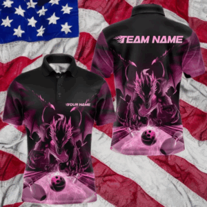 Custom Black And Pink Dragon Bowling Jerseys, Dragon Bowling Team Polo Shirts For Men IPHW8956