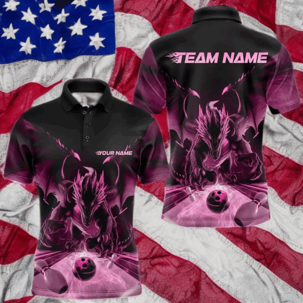 Custom Black And Pink Dragon Bowling Jerseys, Dragon Bowling Team Polo Shirts For Men IPHW8956