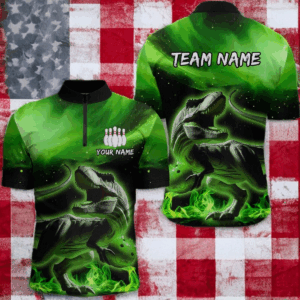 Personalized Green Dinosaur Bowling Shirt Bowling Quarter-Zip Team League for Men Women QZT666