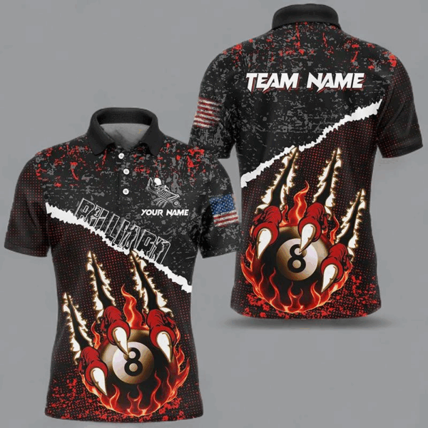 Funny Monster Hand Custom Fire Flame 8 Ball Billiard Shirts For Men, Grunge Billiard Jerseys |Red TDM2794