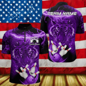 Personalized Purple Lightning Thunder Storm Tiger Bowling Shirts For Men Custom Bowling Team Jerseys NQS9684