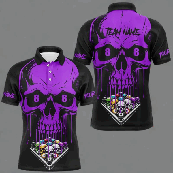 Personalized Skull Billiard Balls Funny Pool Shirts For Men, Unique Billiard Jersey Apparel |Purple TDM2777