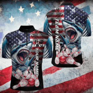 Smoke American Flag Shark Bowling Polo, 1/4 Zip Shirts for Men Custom patriotic Team Bowling jerseys NQS9671