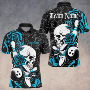 Custom Blue Roses And Skull Bowling Polo Shirts For Men, Team Bowling League Shirt IPHW8844