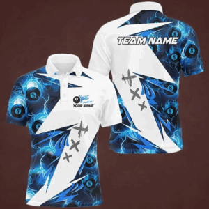 Blue Billiard 8 Ball Flame Lightning Pattern Custom Men Pool Shirt, Billiard Tournament Team Jersey TDM2775