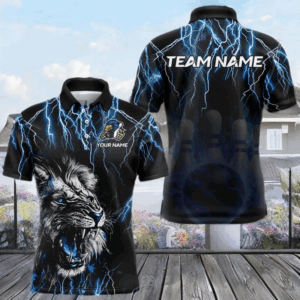 Black and Blue Lightning Thunder Lion Bowling Shirt For Men Custom Lion Bowling Team Jerseys NQS9645