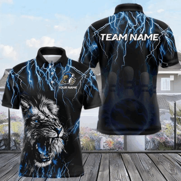 Black and Blue Lightning Thunder Lion Bowling Shirt For Men Custom Lion Bowling Team Jerseys NQS9645