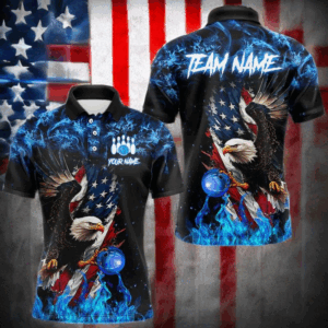 Blue Flame American Flag Eagle bowling shirts for Men Custom Bowling Team Jersey, gift for Bowler NQS9606