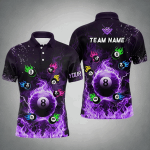 Personalized Colorful 8 Ball Fire 3D Men Polo & 1/4 Zip Shirt Team League Billiard Jerseys |Purple TDM2768