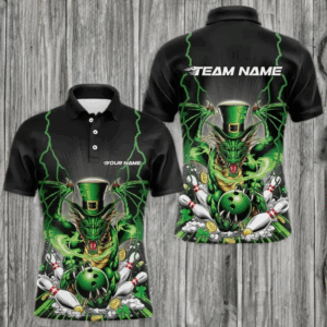 Custom Black And Green St Patricks Dragon Bowling Polo Shirts For Men, Lucky Dragon Bowling IPHW8609