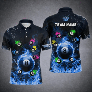 Personalized Colorful 8 Ball Fire 3D Men Polo & 1/4 Zip Shirts, Team League Billiard Jerseys |Blue TDM2767