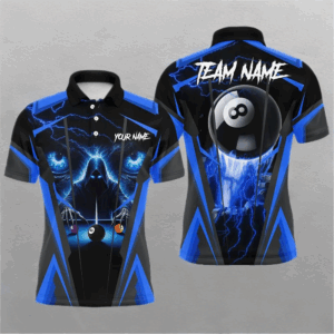 Blue Grim Reaper Billiard Shirts For Men Custom Funny 8 Ball Rushing Out Billiard League Jerseys TDM2766