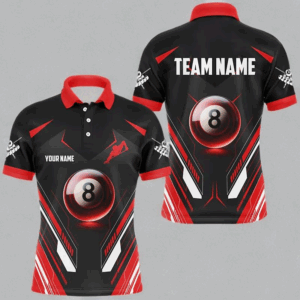 Red Glowing 8 Ball Pool Custom Name Men Billiard Shirts , Billiard Jerseys For Team Pool Player TDM2765