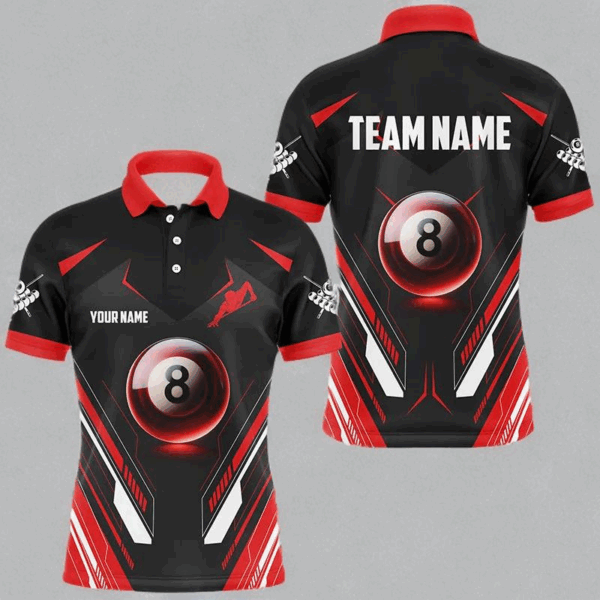 Red Glowing 8 Ball Pool Custom Name Men Billiard Shirts , Billiard Jerseys For Team Pool Player TDM2765