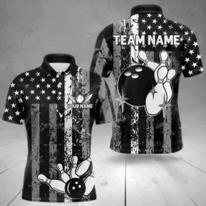Grey And Black Grunge American Flag Patriotic Bowling Shirts For Men Custom Bowling Team Jerseys TDM3505