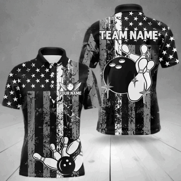 Grey And Black Grunge American Flag Patriotic Bowling Shirts For Men Custom Bowling Team Jerseys TDM3505