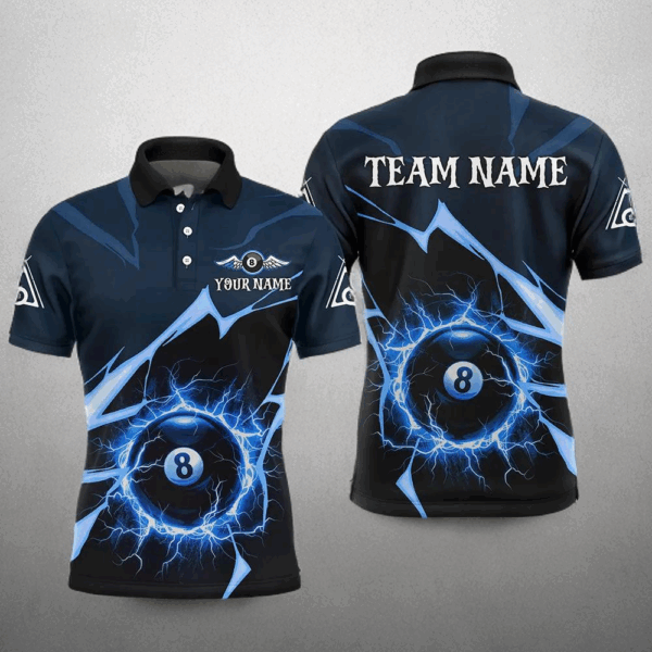 Blue 8 Ball Pool Thunder Lightning Strike Custom Men Billiard Shirts, Billiard League Team Jerseys TDM2764