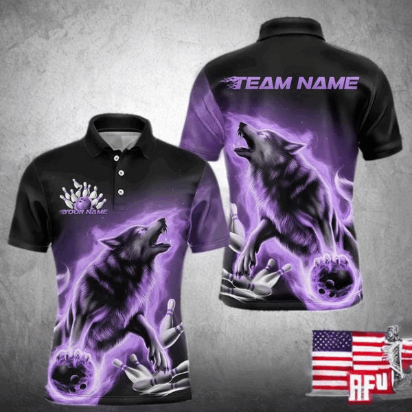 Custom Purple Fire Flaming Wolf Bowling Polo Shirts For Men, Wolf Bowling Tournament Shirt IPHW8428