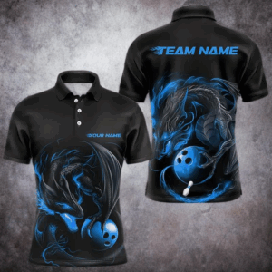 Custom Black And Blue Dragon Bowling Polo Shirts For Men, Dragon Bowling Tournament Team Shirt IPHW8419