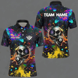 Personalized Colorful Ink Splash Skull Billiard Shirts For Men, Funny Billiard Jerseys Pool Outfit TDM2762