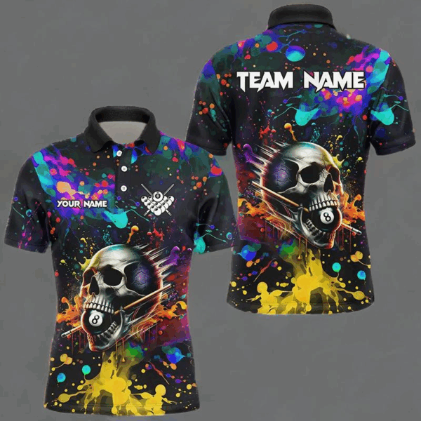 Personalized Colorful Ink Splash Skull Billiard Shirts For Men, Funny Billiard Jerseys Pool Outfit TDM2762