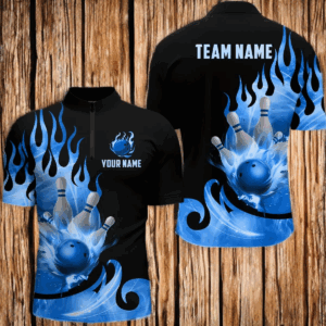 Custom Black & Blue Bowling Shirts For Men & Women Flame Bowling Team Jersey Quarter-Zip BDT536