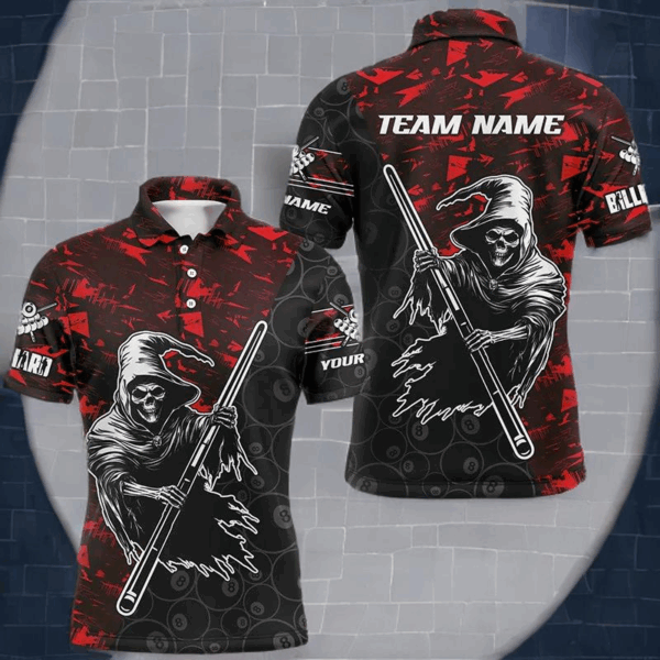 Personalized Red Abstract Death Skeleton Men Billiard Shirts, Halloween Scary Billiard Jerseys TDM2761