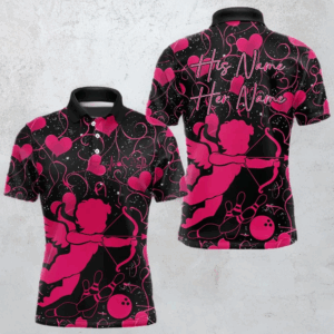 Black And Pink Custom Valentines Day Bowling Polo Shirts For Men, Bowling Couple Shirt IPHW8330