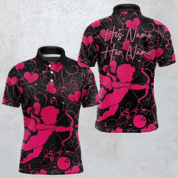 Black And Pink Custom Valentines Day Bowling Polo Shirts For Men, Bowling Couple Shirt IPHW8330