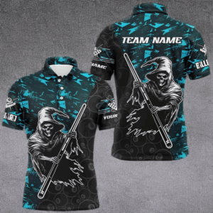 Personalized Cyan Abstract Death Skeleton Men Billiard Shirts, Halloween Scary Billiard Jerseys TDM2760