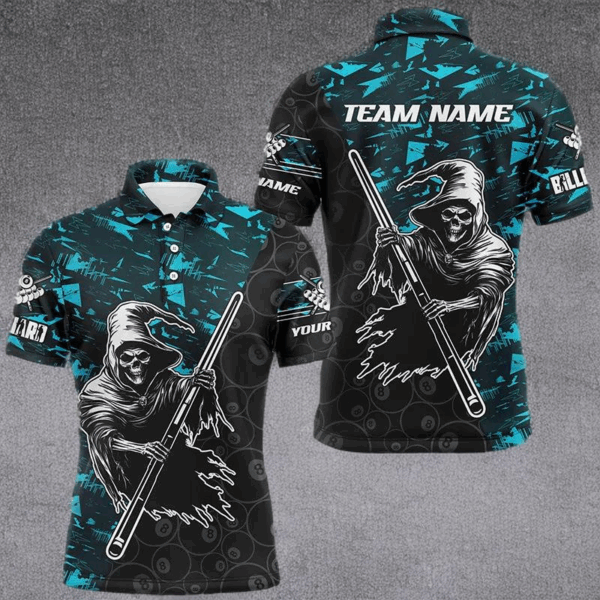 Personalized Cyan Abstract Death Skeleton Men Billiard Shirts, Halloween Scary Billiard Jerseys TDM2760
