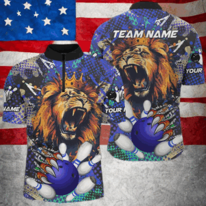 Blue Camo Lion roar Bowling Polo, Quarter Zip Shirts for Men Custom Lion Bowling Team jerseys NQS9293