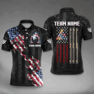 Personalized Black Grunge US Flag Smoke Billiard Shirts For Men, Patriotic Billiard Team Jerseys TDM2759
