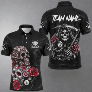 Personalized Red Funny Skull Roses 8 Ball Billiard Shirts For Men Custom Pool Team Shirts Designs TDM2755