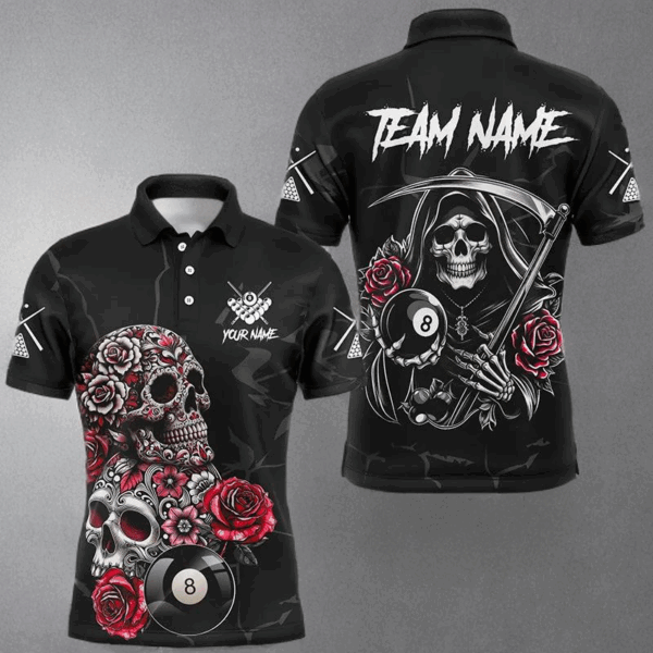 Personalized Red Funny Skull Roses 8 Ball Billiard Shirts For Men Custom Pool Team Shirts Designs TDM2755