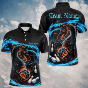 Custom Blue Flame Dragon Bowling Polo Shirts For Men, Dragon Bowling Team Jerseys IPHW8254