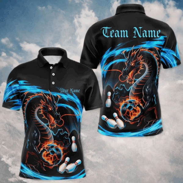 Custom Blue Flame Dragon Bowling Polo Shirts For Men, Dragon Bowling Team Jerseys IPHW8254