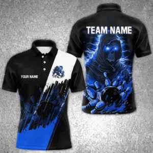 Black and Blue Skull reaper bowling jerseys Polo, 1/4 Zip Shirt for Men Custom Bowling Team shirts NQS9278