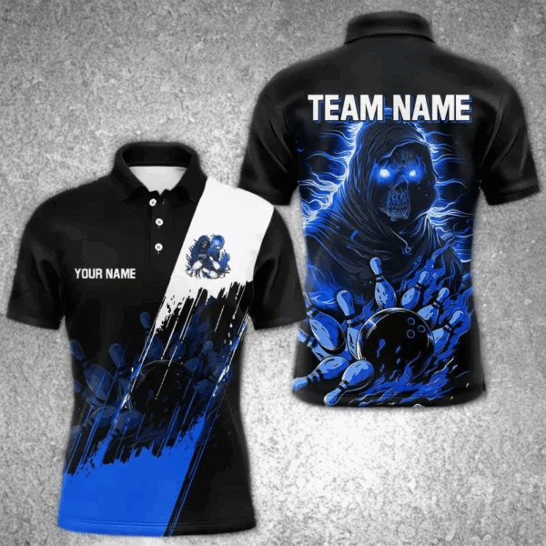 Black and Blue Skull reaper bowling jerseys Polo, 1/4 Zip Shirt for Men Custom Bowling Team shirts NQS9278